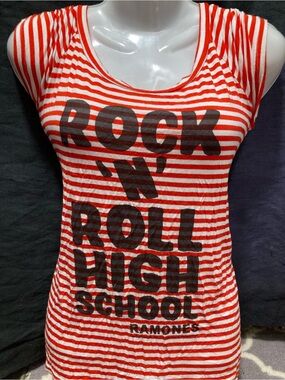 Ramones Rock ‘N’ Roll High School Striped Graphic Tee Red White Size L